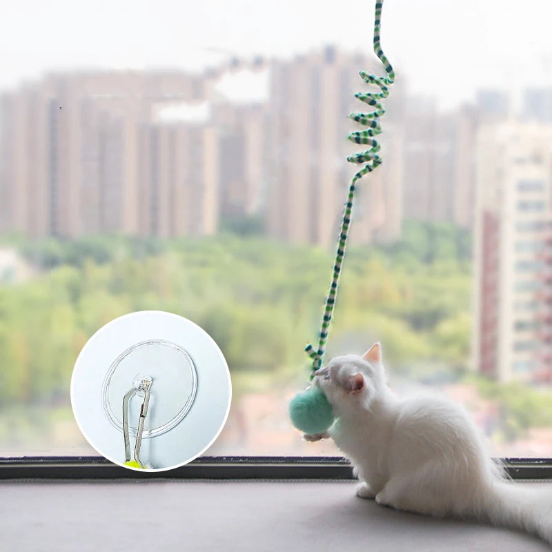 Window-Mount Cat Teaser Toy with Bell & Pompom